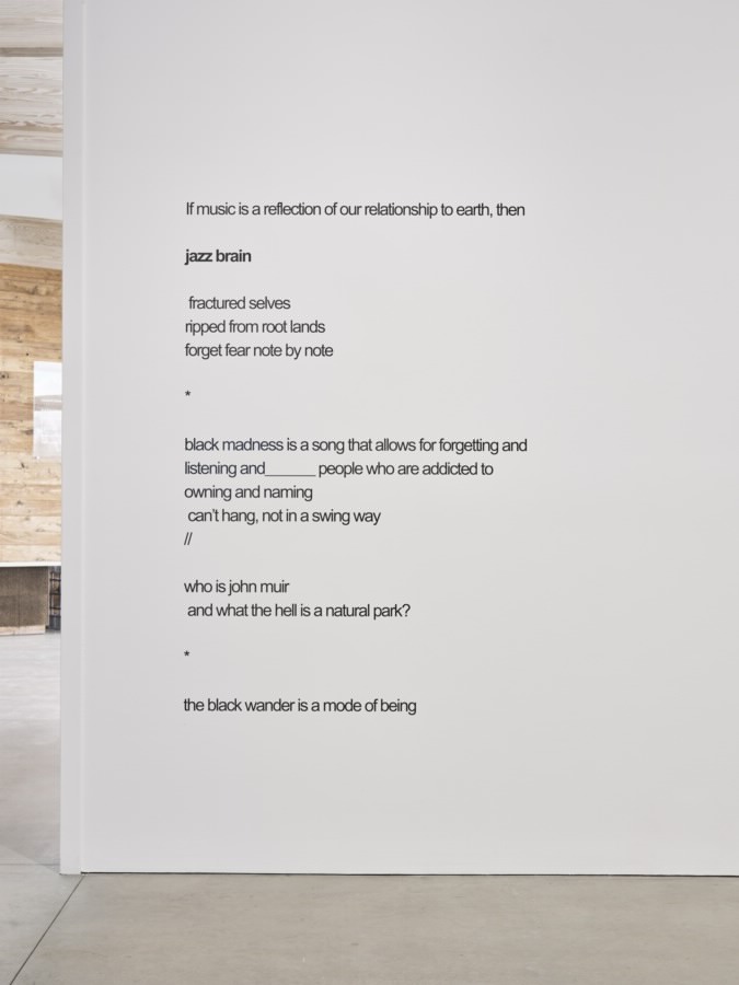 Gallery wall bearing a poem-like text by YATTA beginning, “If music is a reflection of our relationship to earth,” and ending, “the black wander is a mode of being.”