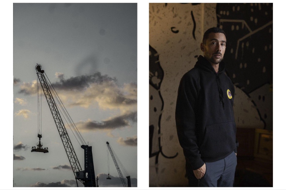 Left: cranes at the Port of Livorno. Right: Simone D’Aversa, a Livorno dockworker who helped found the Gruppo Autonomo Portuali. October 20, 2026.