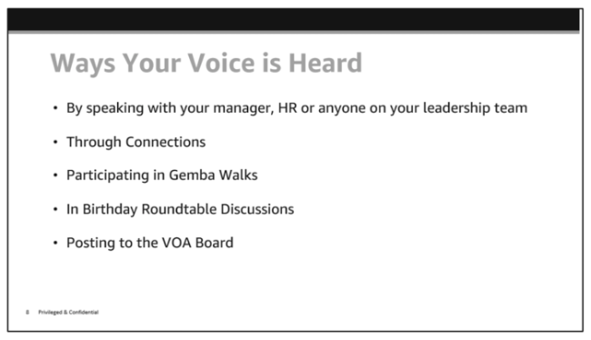 Slide from disclosed “Amazon Employee Relations” presentation.