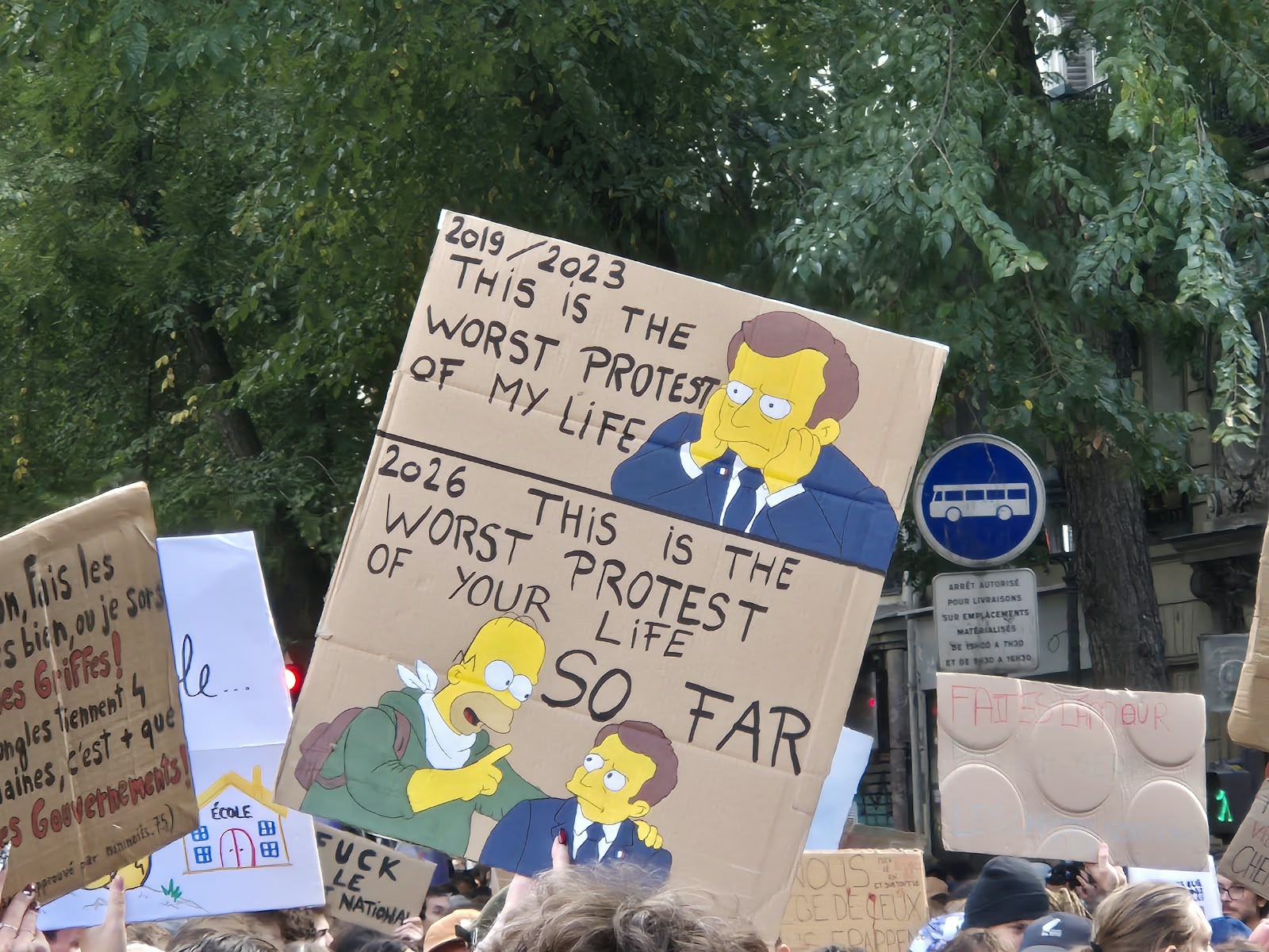 A placard at a student protest in Paris on Sunday. Photo: Olly Haynes