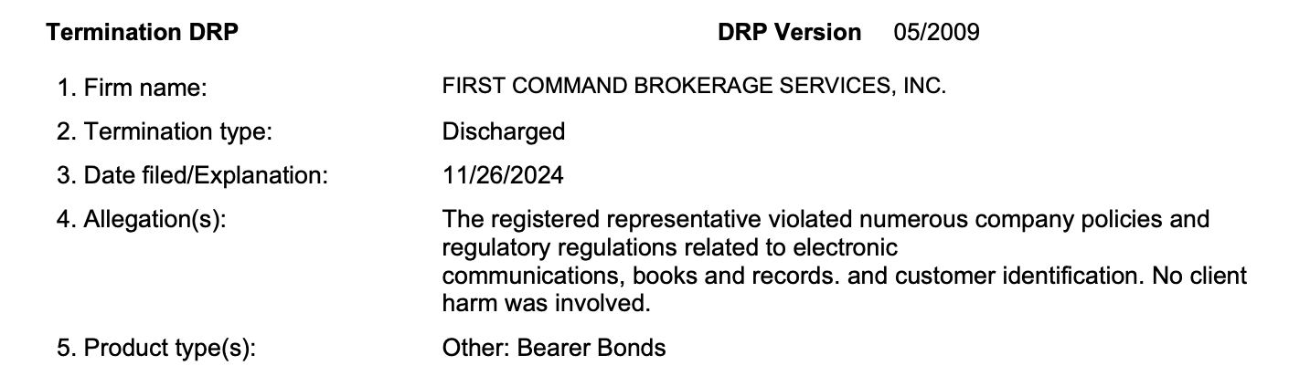The public account of Flippo's firing that is available on BrokerCheck.