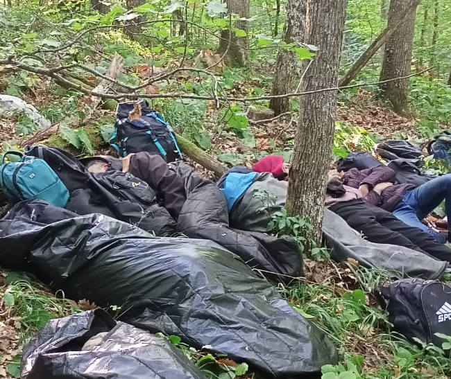 Several people sleep on a forest floor, covered in sleeping bags and black plastic tarps, surrounded by scattered backpacks and trees.